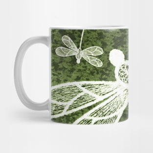 Magical white dragonflies on grunge green background Mug